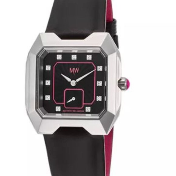NEW Matthew Williamson Ladies Crystal Set Black Leather Strap Watch LSM33001-04